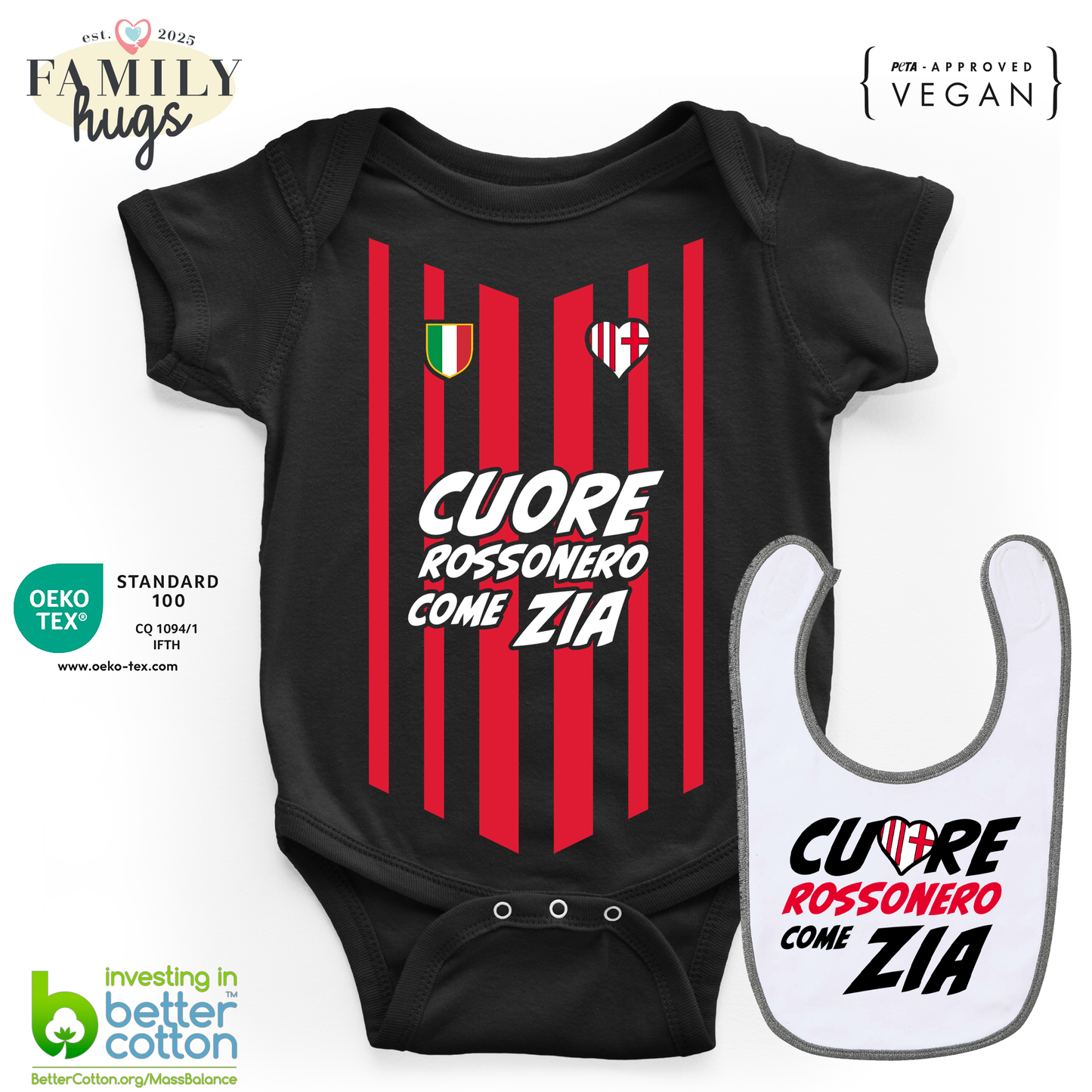 body neonato - combo con bavaglino cuore rossonero come zia