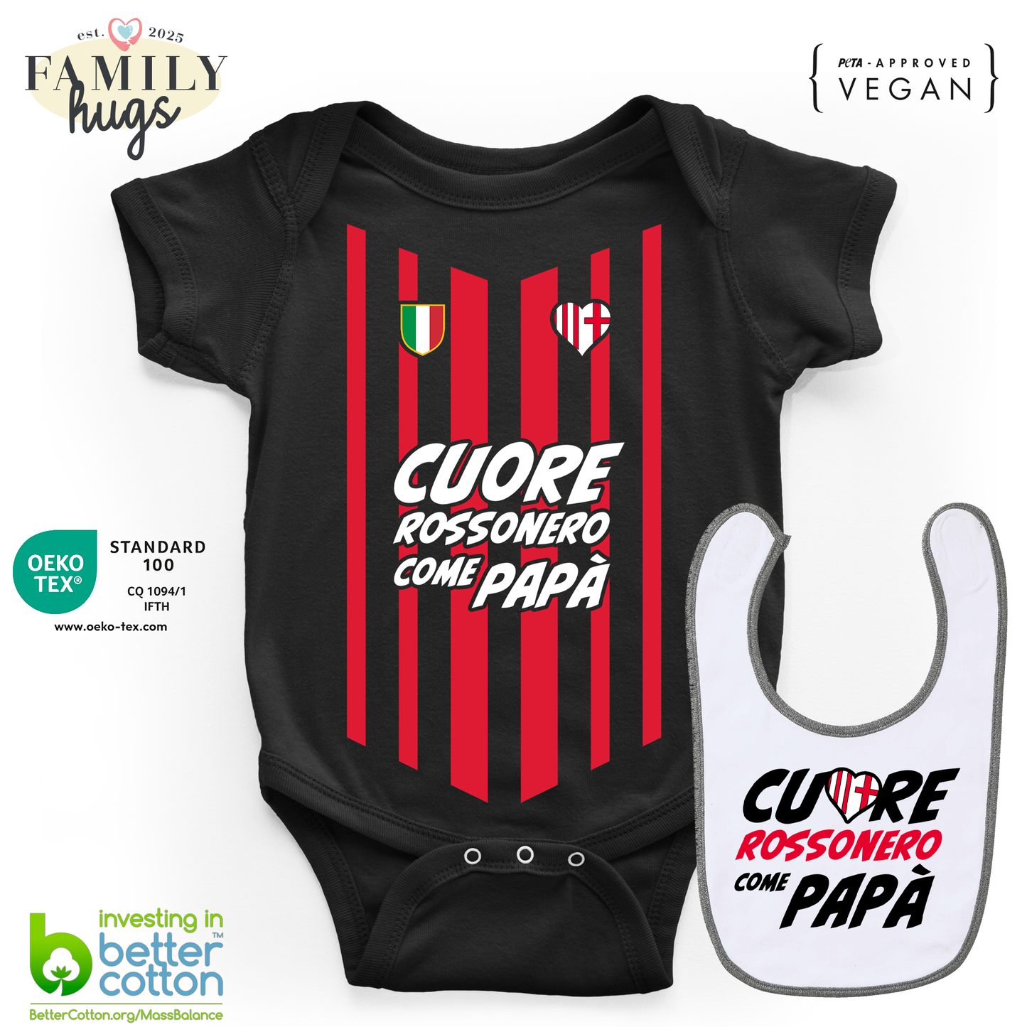 body neonato - combo con bavaglino cuore rossonero come papa