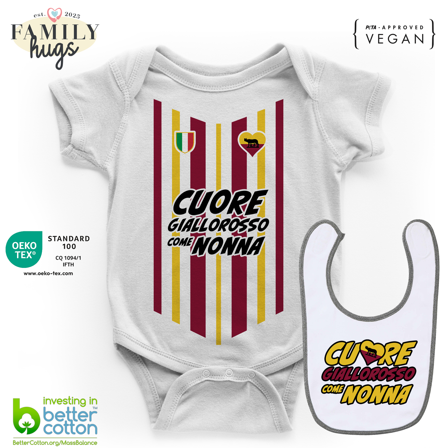 body neonato - combo con bavaglino cuore giallorosso come nonna