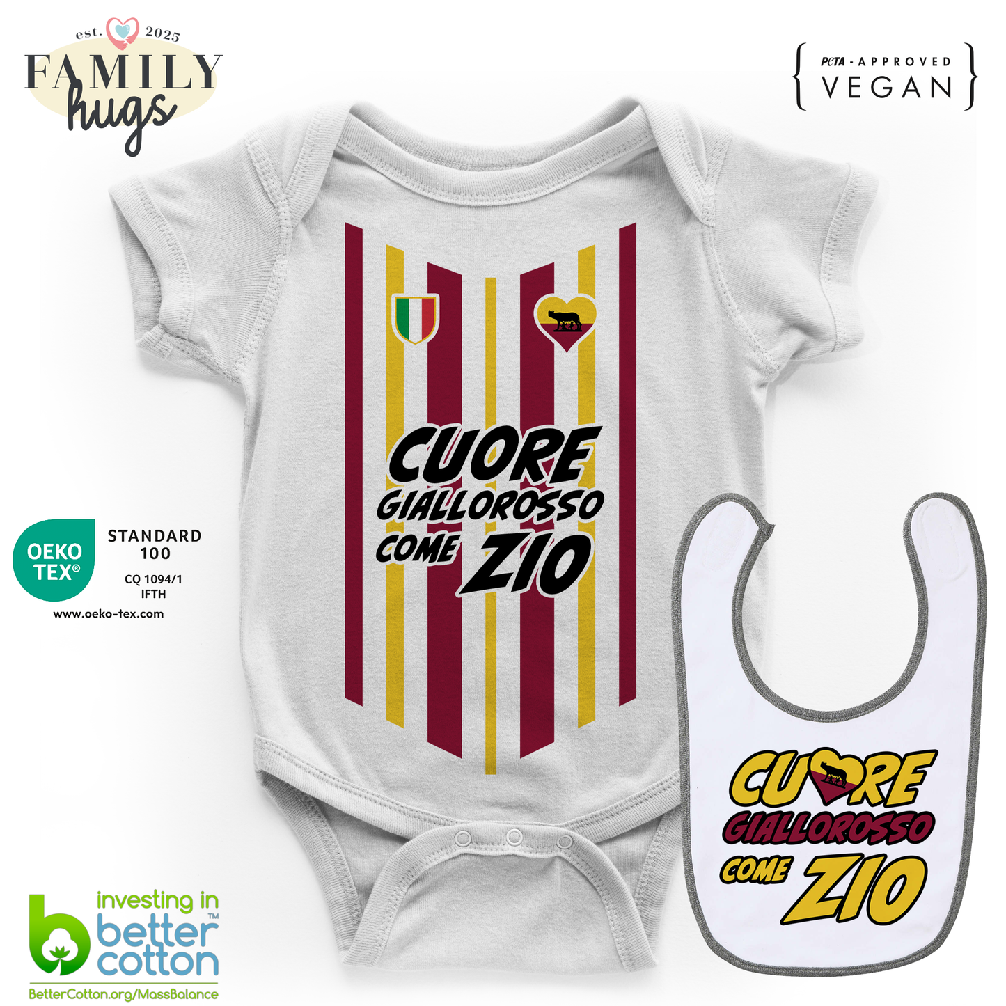 body neonato - combo con bavaglino cuore giallorosso come zio