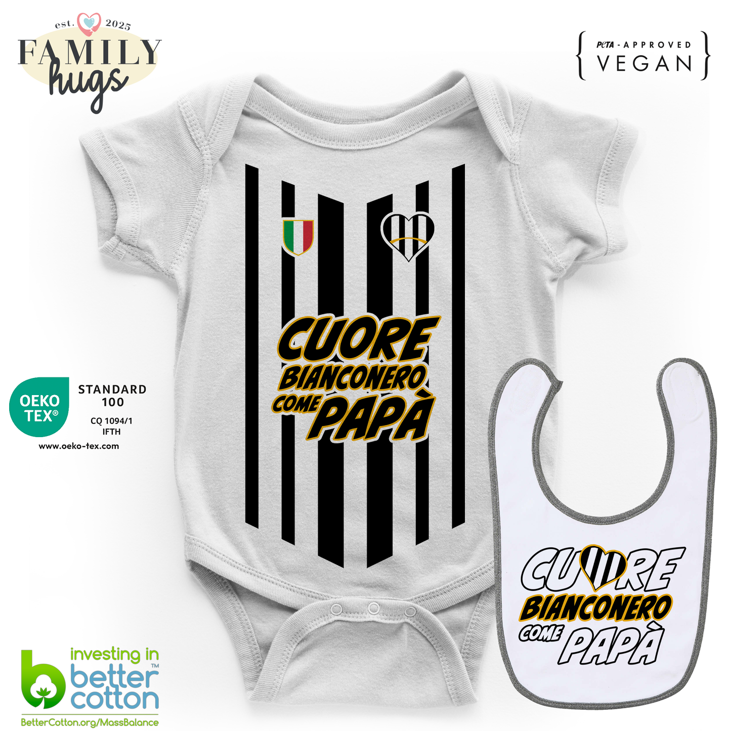 body neonato - combo con bavaglino cuore bianconero come papa