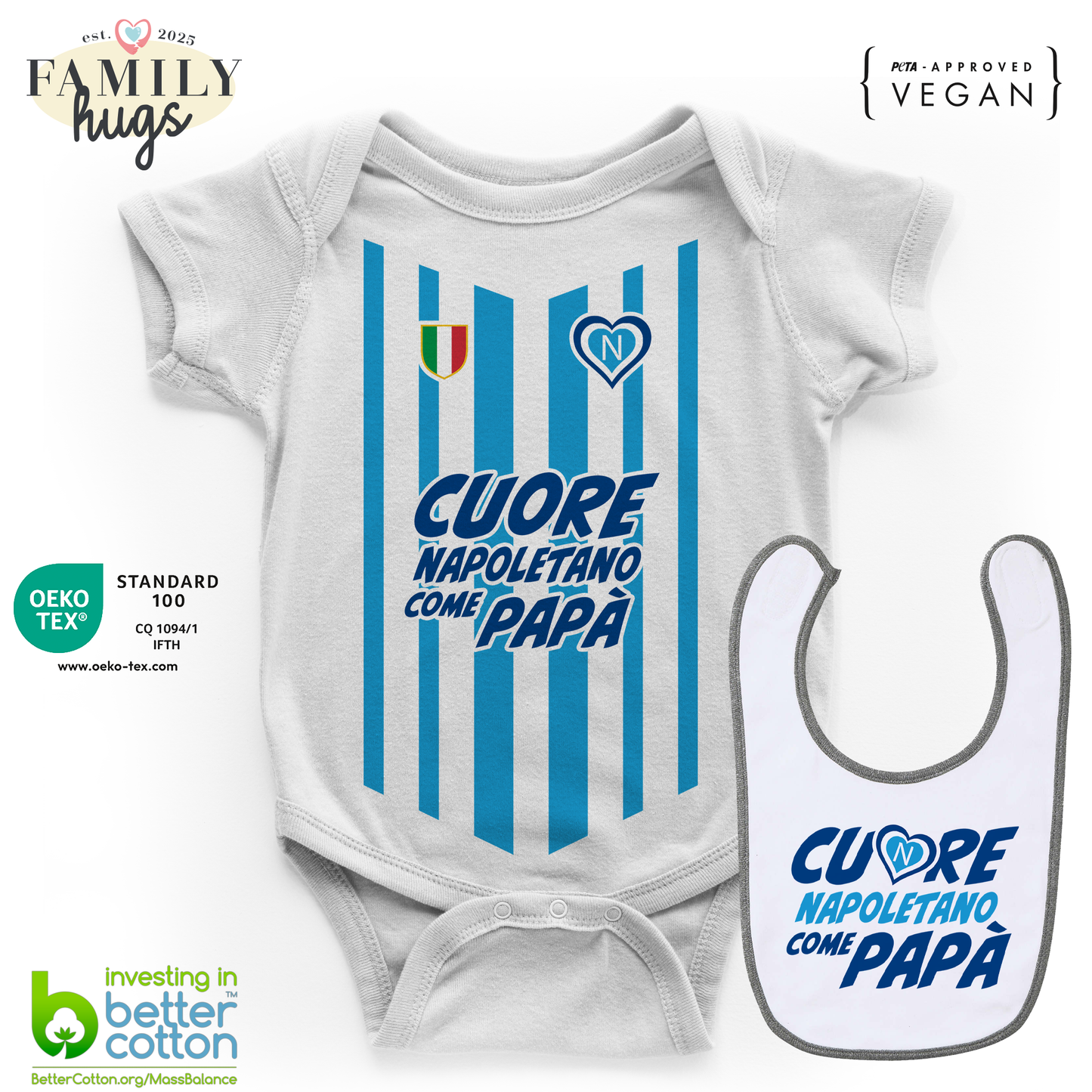 body neonato - combo con bavaglino cuore napoletano come papa