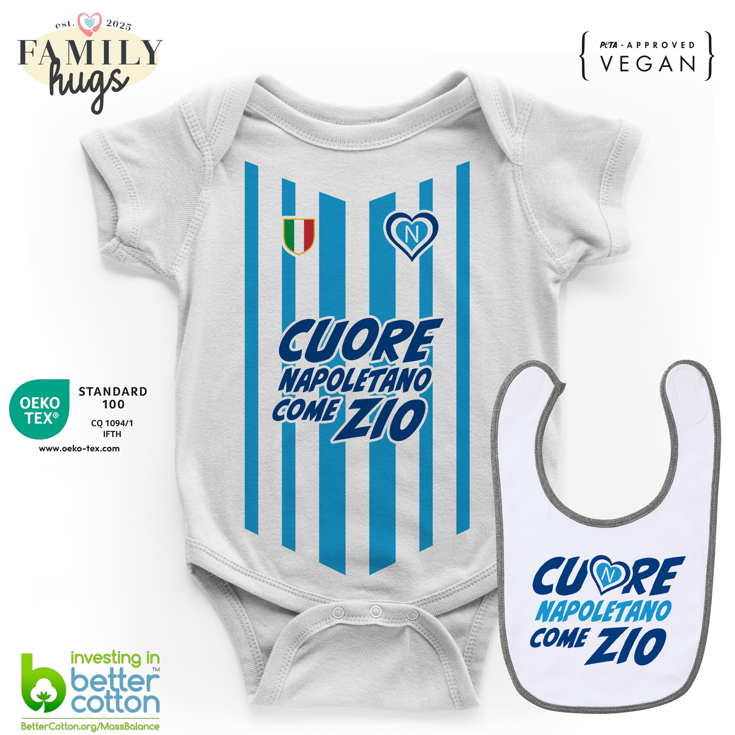 body neonato - combo con bavaglino cuore napoletano come zio