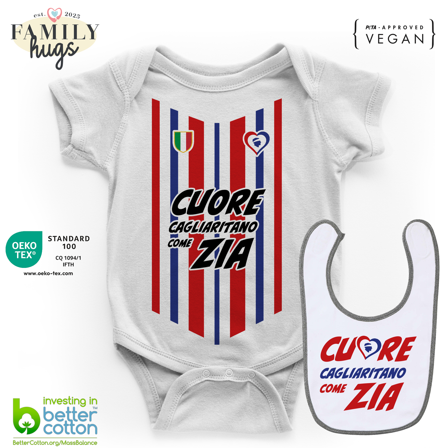 body neonato - combo con bavaglino cuore cagliaritano come zia