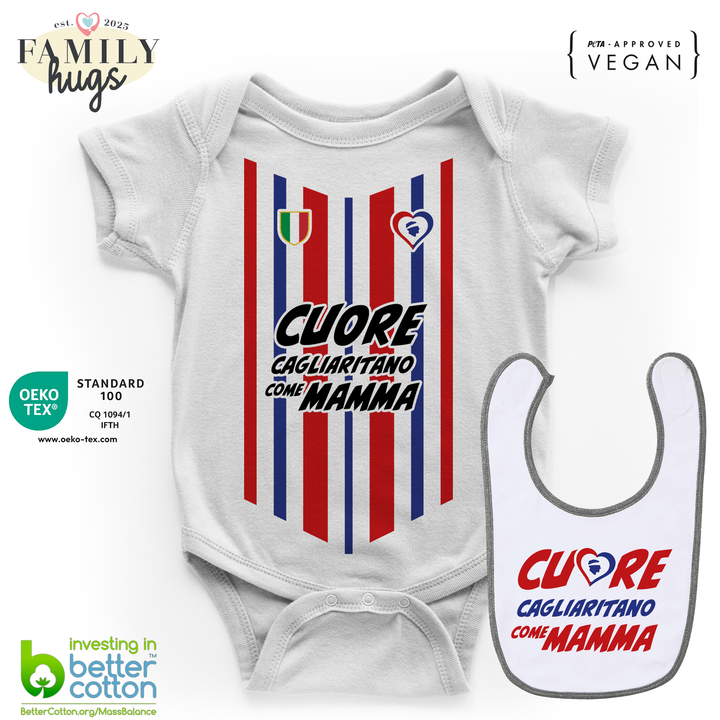 body neonato - combo con bavaglino cuore cagliaritano come mamma