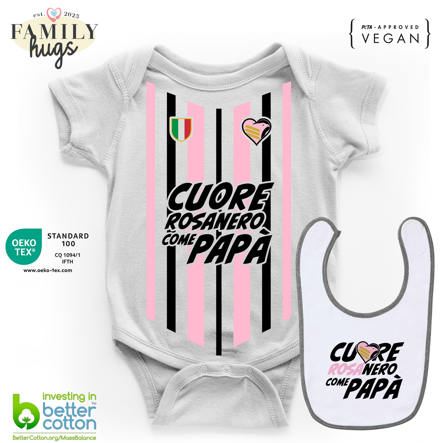body neonato - combo con bavaglino cuore rosanero come papà
