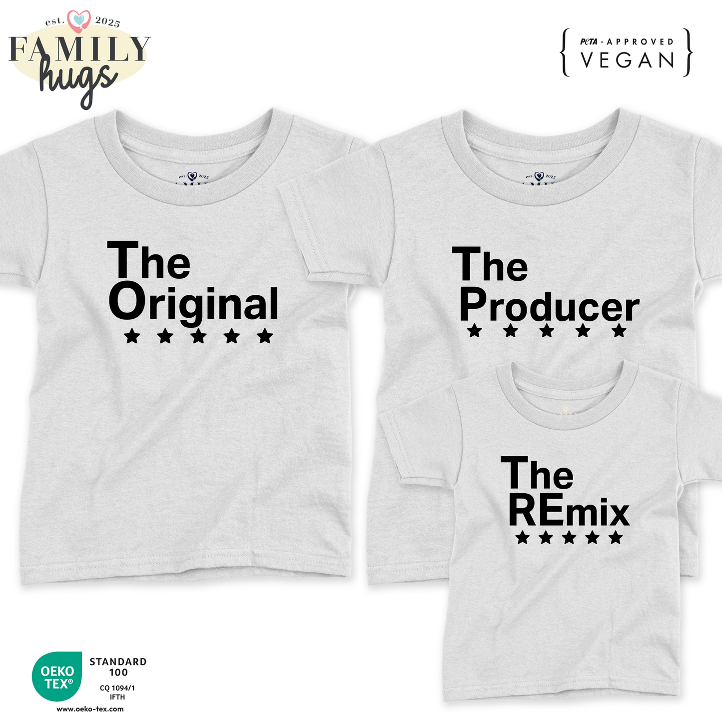 Set magliette Mamma/Papà/Neonato - The Original, the Remix, The Producer