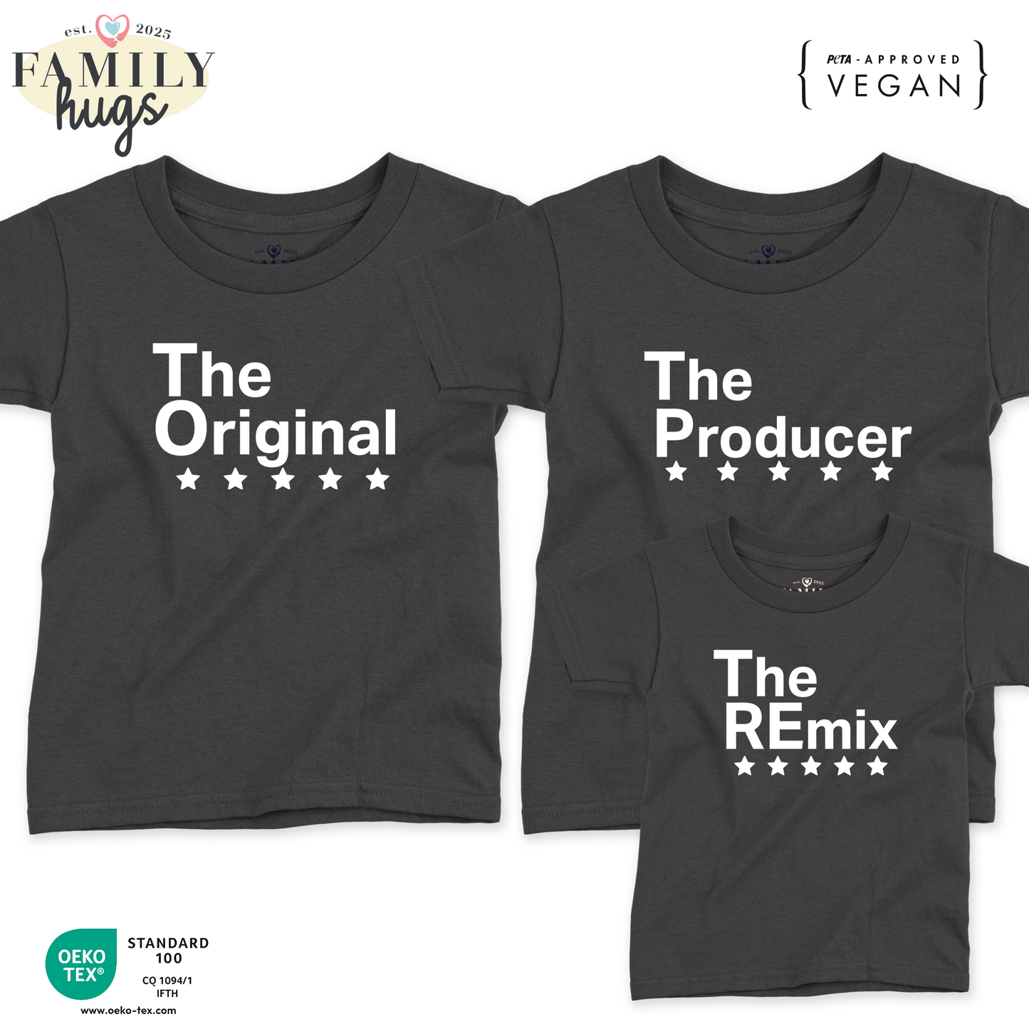 Set magliette Mamma/Papà/Neonato - The Original, the Remix, The Producer