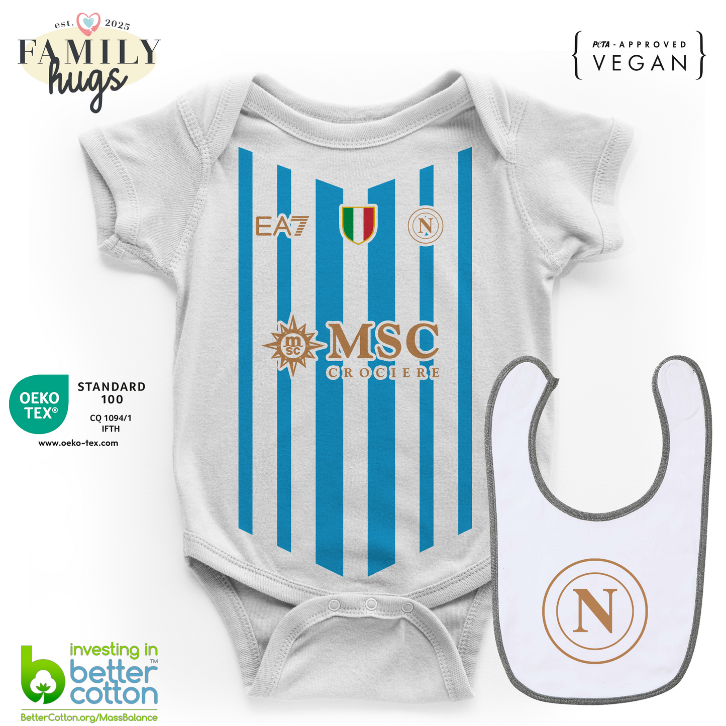 body neonato - combo con bavaglino cuore biancoazzurro da gara