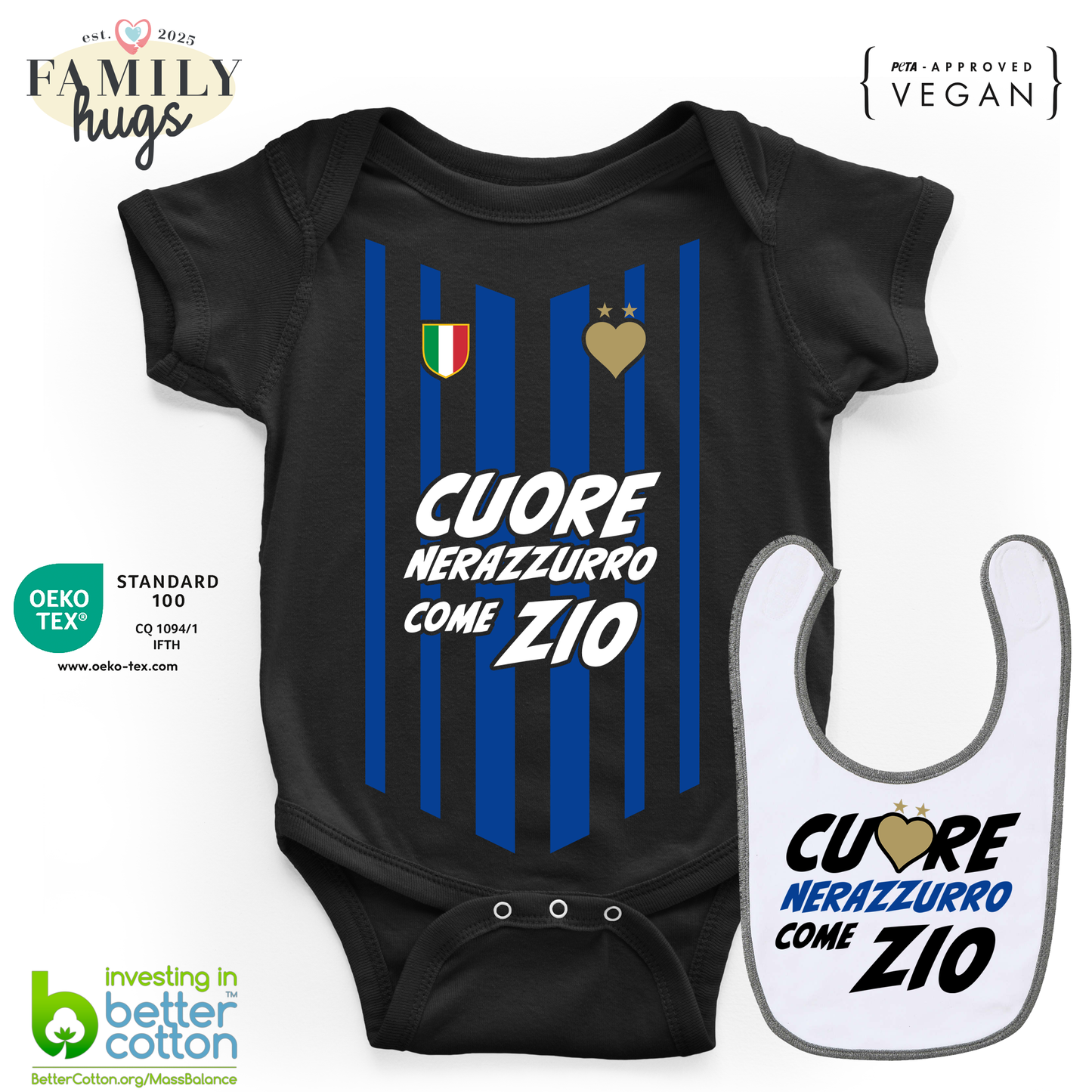 body neonato - combo con bavaglino cuore nerazzurro come zio