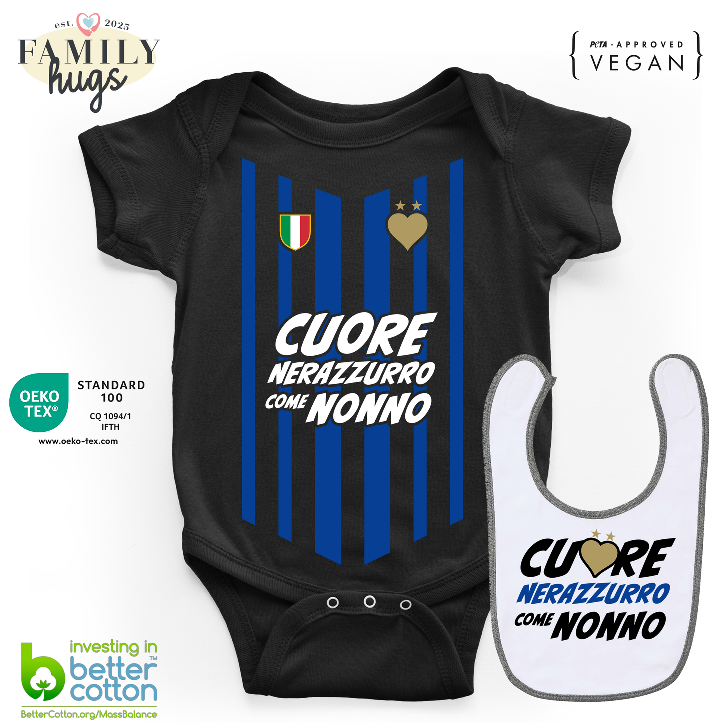 body neonato - combo con bavaglino cuore nerazzurro come nonno