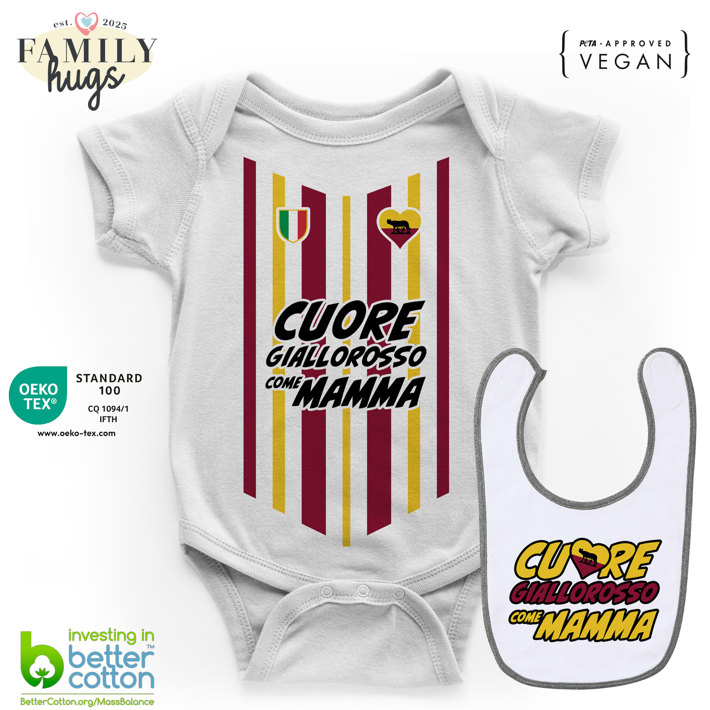 body neonato - combo con bavaglino cuore giallorosso come mamma
