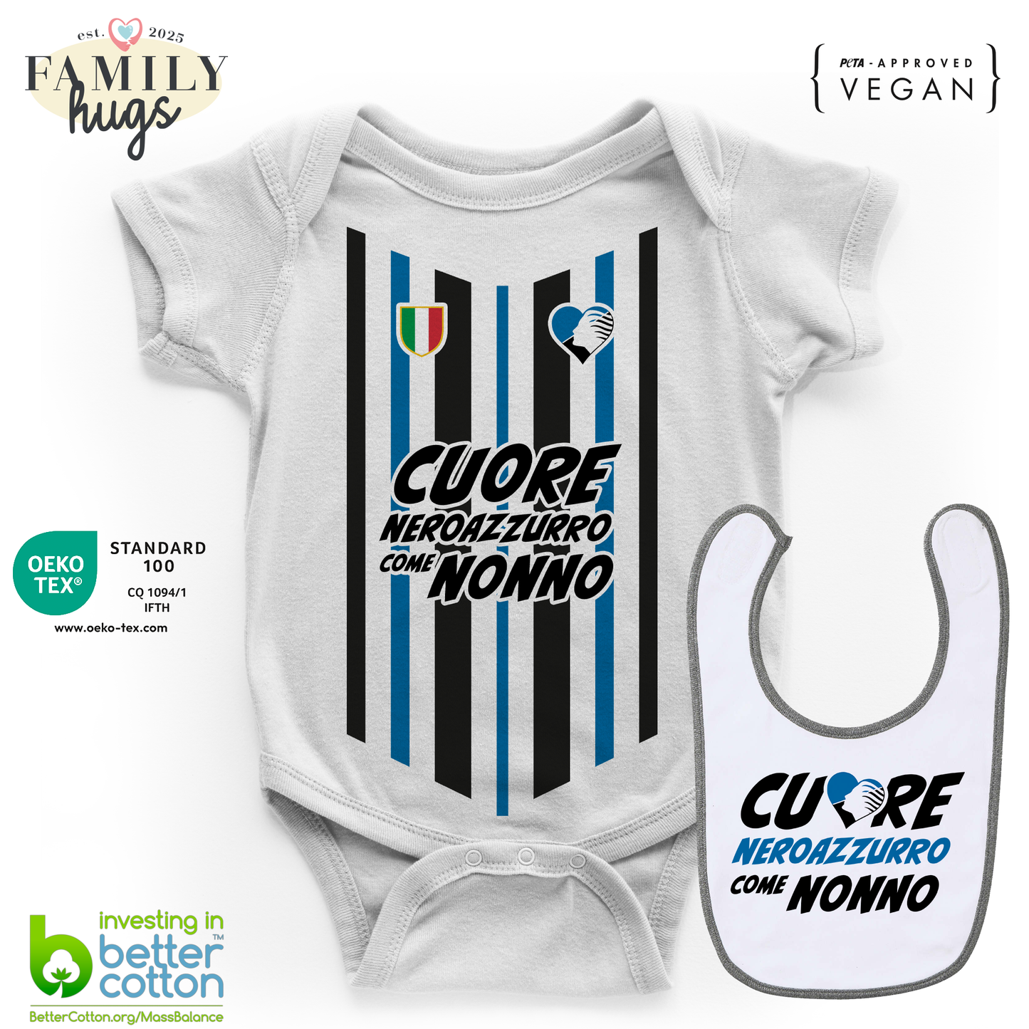 body neonato - combo con bavaglino cuore nerazzurro come nonno dea