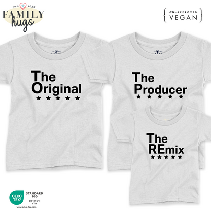 Set magliette Mamma/Papà/Bambino- The Original, the Remix, The Producer