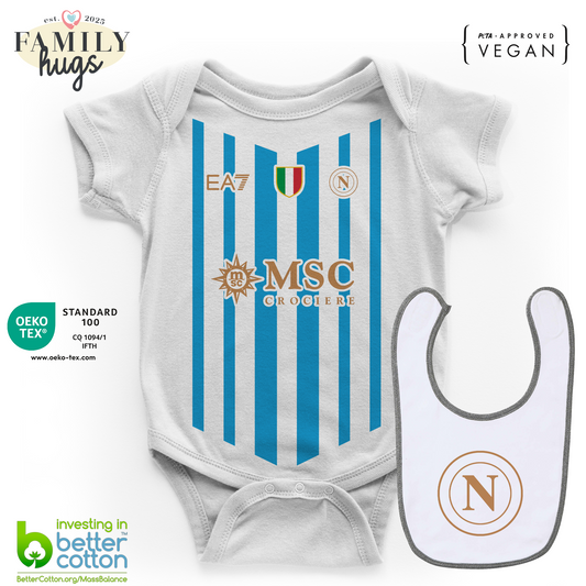 body neonato - combo con bavaglino cuore biancoazzurro da gara